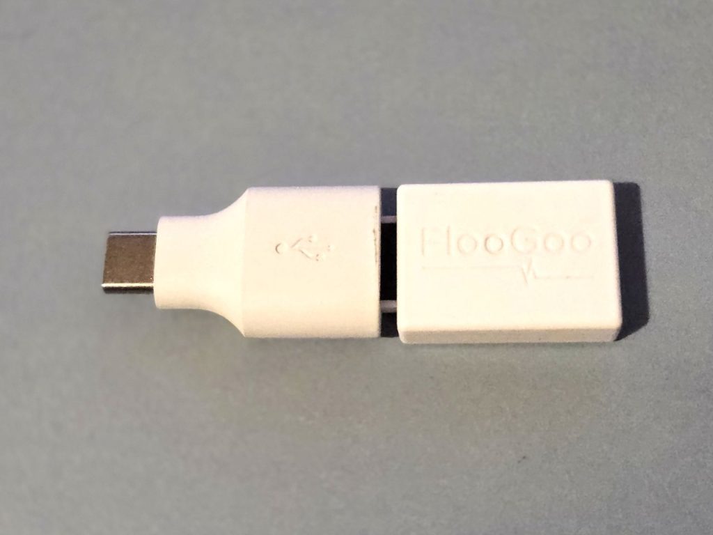 The FlooGoo paired with a USB A to USB C converter