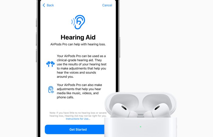 An iPhone screen and a pair of Apple AirPods Pro 2