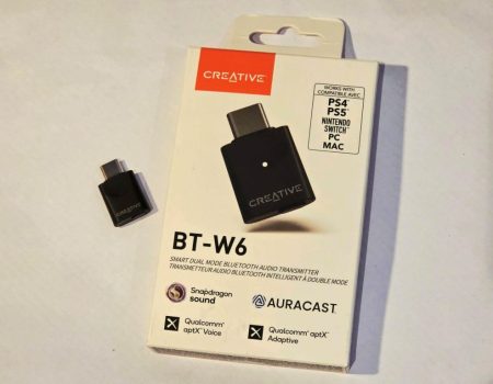 The Creative BT-W6 pictured next to the box, on a white background