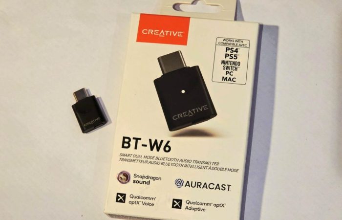 The Creative BT-W6 pictured next to the box, on a white background