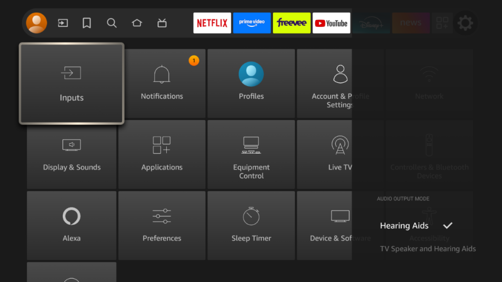 A menu screen on an Amazon television showing how easy it is to pair hearing aids to the sound system