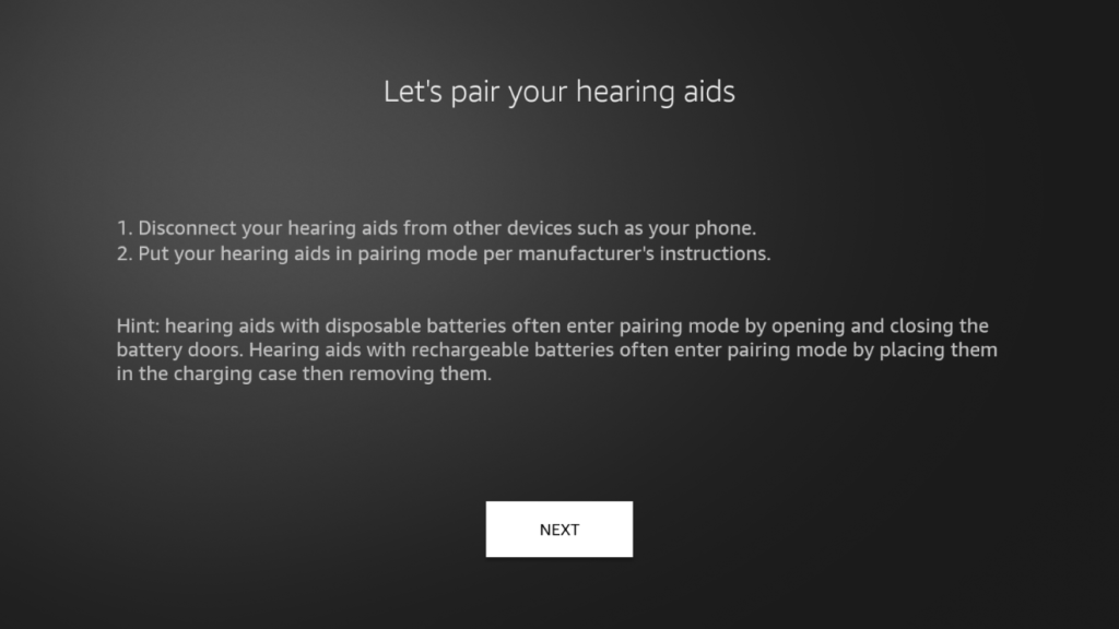 A screen from an Amazon television that has hearing aid compatibility