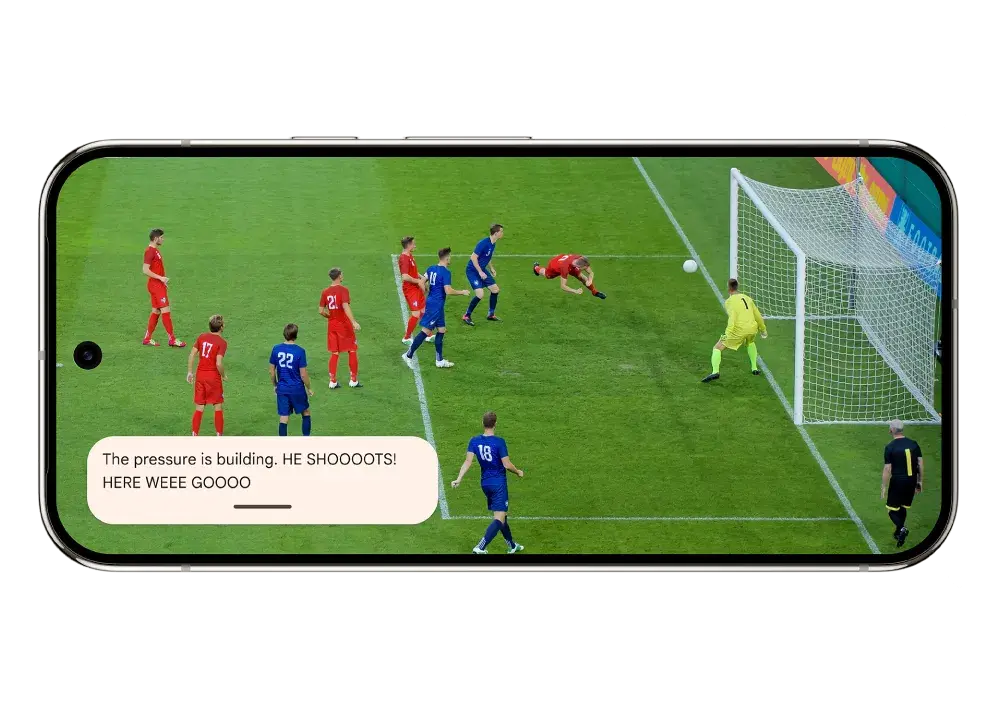 Expressive Captions on Android 16 adds context to subtitles, in this case a goal being scored in a football match