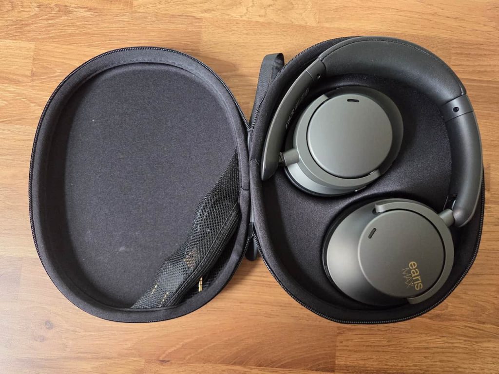The earisMAX Bluetooth headphones in their carry case