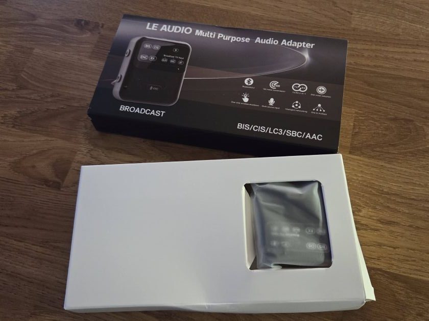 The Bluetooth transmitter in a white plastic wrapper in a white box. It was bought from AliExpress