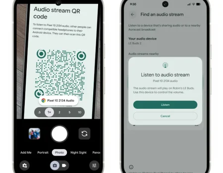 Android phones with QR codes showing how easy it is to share an Auracast