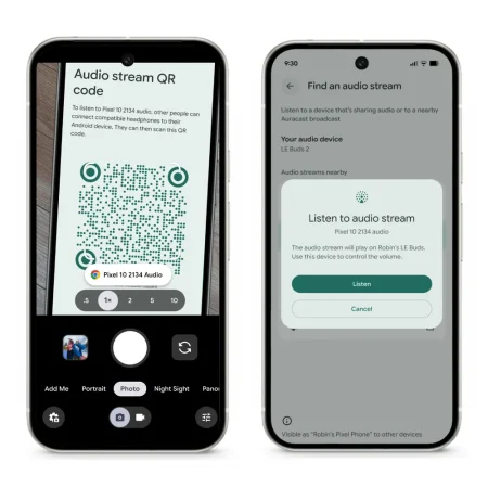 Android phones with QR codes showing how easy it is to share an Auracast
