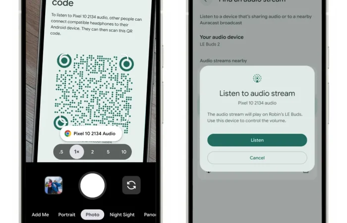 Android phones with QR codes showing how easy it is to share an Auracast