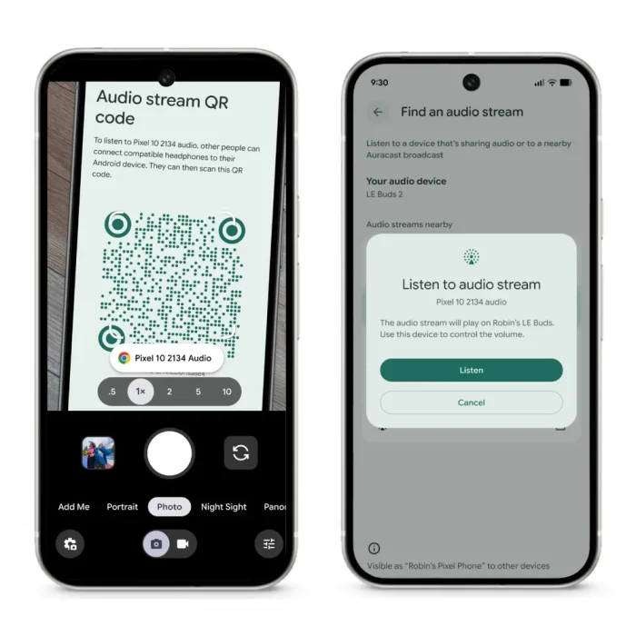 Android phones with QR codes showing how easy it is to share an Auracast