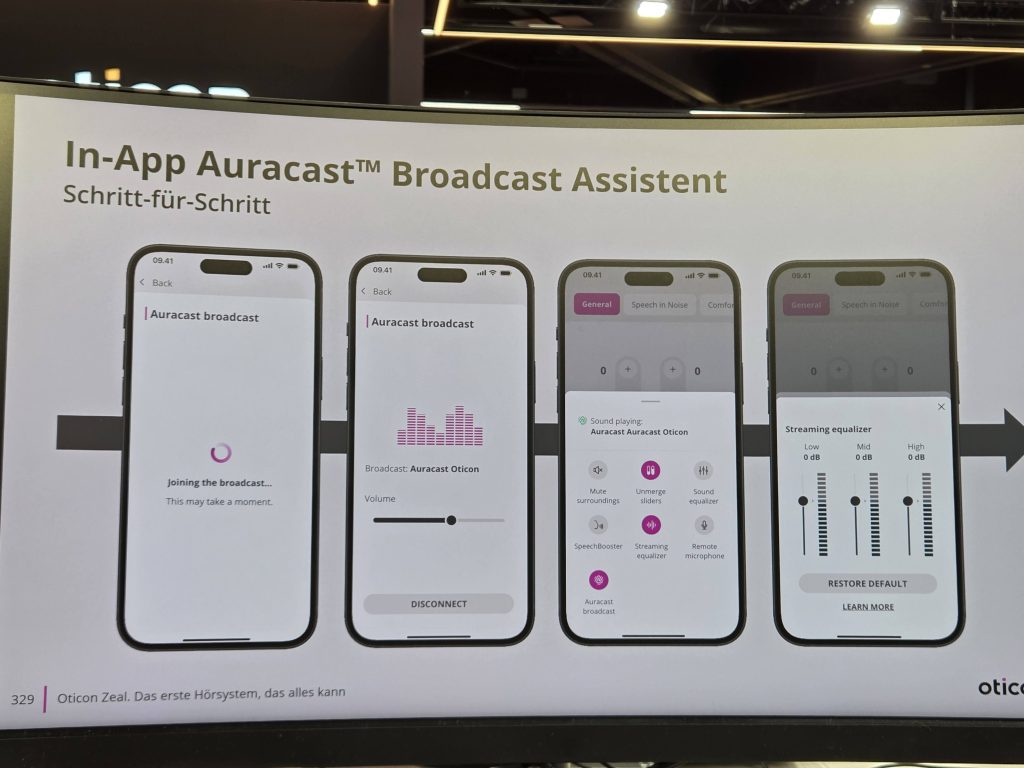 A computer display showing screenshots of Oticon Zeal's app logging on to an Auracast