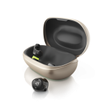 Phonak's Virto R Infinio hearing aids. One is out of the charging case, the other is in it