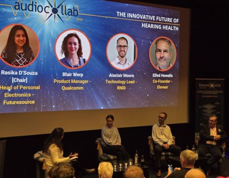 A panel of experts on stage at the AudioCollab event