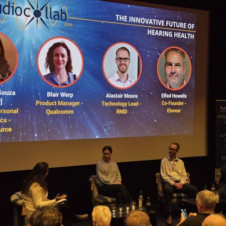 A panel of experts on stage at the AudioCollab event