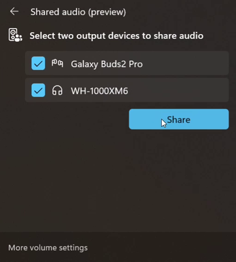 Shared audio (preview) settings showing two connected devices and the Share button to get started using the experience.
