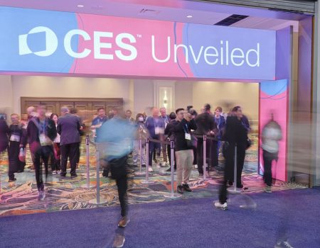 CES 2026 had a special session on Auracast. The picture shows people walking into the CES show in Las Vegas