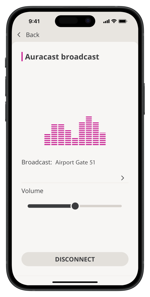 Oticon Companion App Auracast broadcast streaming iPhone 15 Plus Bezel 1290x2796px (1)