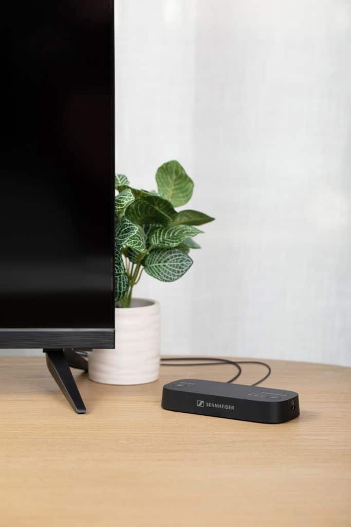 The BTA1 transmitter on a table next to a television. A plant pot can be seen in the background
