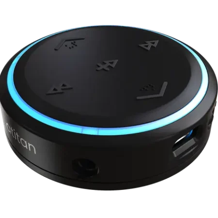 The Atitan SplitR is like an ice hockey puck. This example is black with a blue LED ring around the top