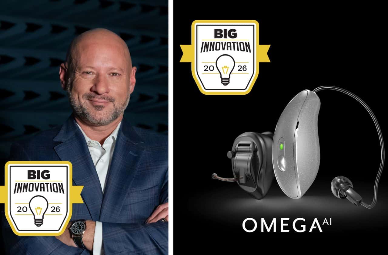 Starkey president Brandon Sawalich and the Omega AI hearing aids against a black background with the BIG INNOVATION award logo