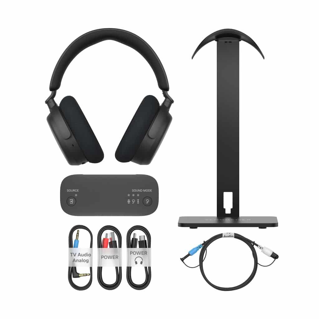 The the Sennheiser RS 275 TV Headphones and BTA1 TV Transmitter and supporting cables